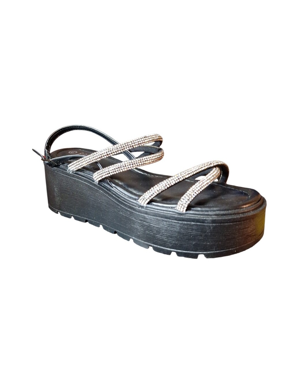 NIB Rouge Black & Silver Rhinestone Strappy Platform Wedge Sandals